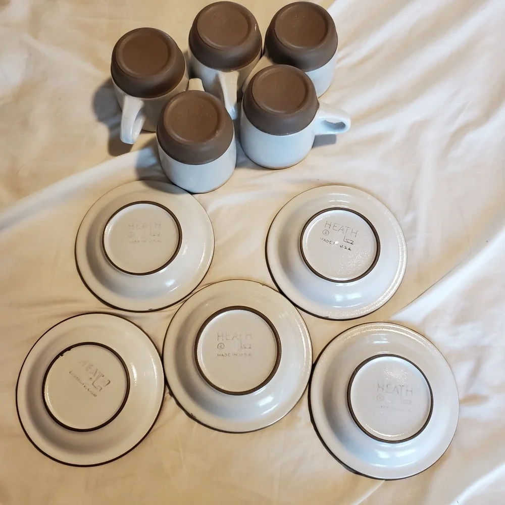 Heath Ceramics Brown White Stoneware Cup and Saucer Set of 5 stackable USA made